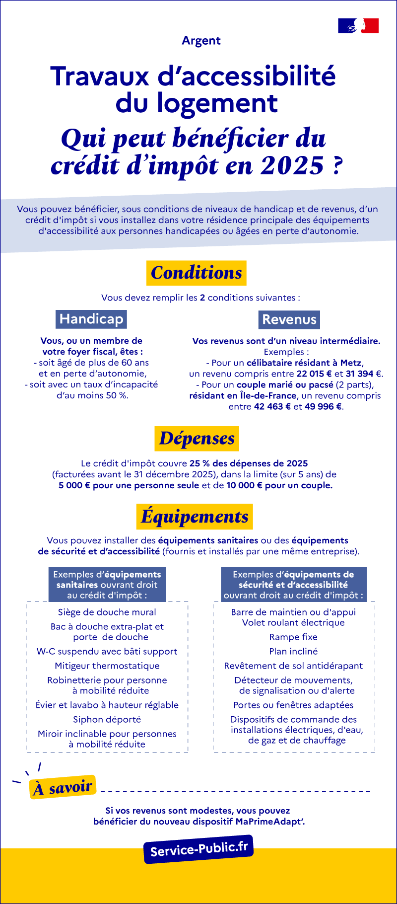 Vous pouvez bénéficier, sous conditions de niveaux de handicap et de revenus, d’un crédit d'impôt si vous installez dans votre résidence principale des équipements d'accessibilité aux personnes handicapées ou âgées en perte d’autonomie.