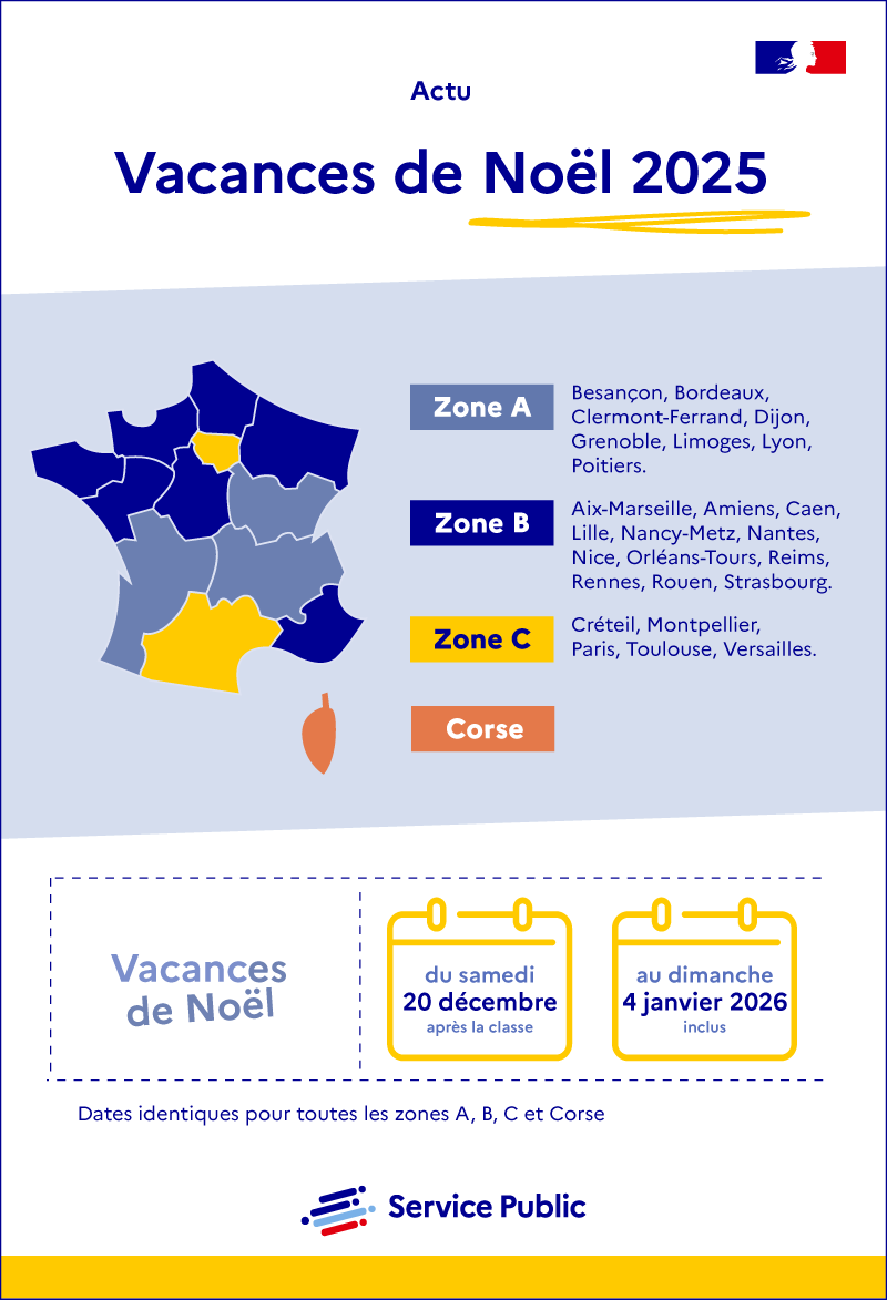 Illustration - Christmas 2025 school holidays - plus de détails dans le texte suivant l’infographie