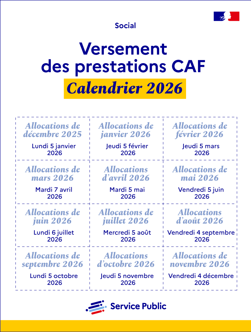 Illustration - Retrouvez le calendrier 2026 des versements des prestations de la CAF - plus de détails dans le texte suivant l’infographie