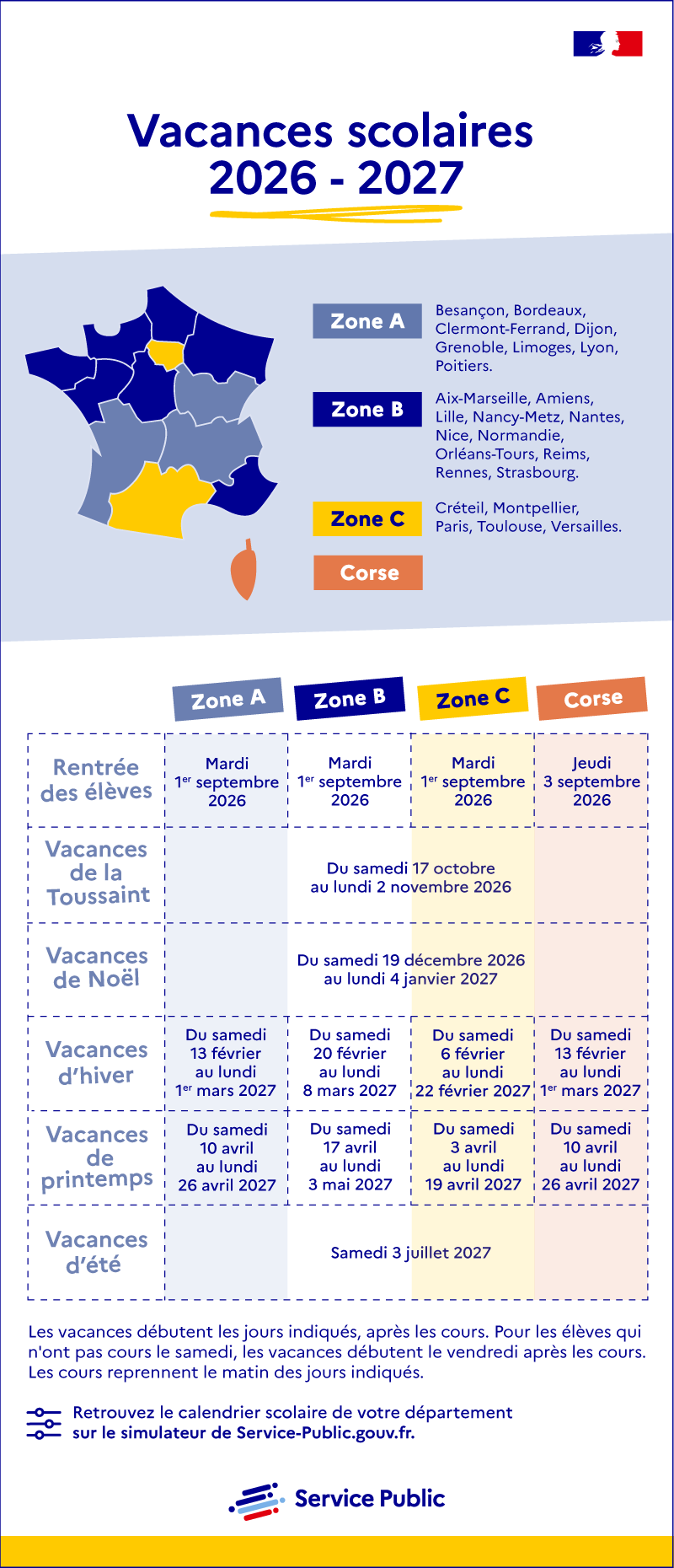 Illustration - Vacances scolaires 2026-2027 : métropole - plus de détails dans le texte suivant l’infographie