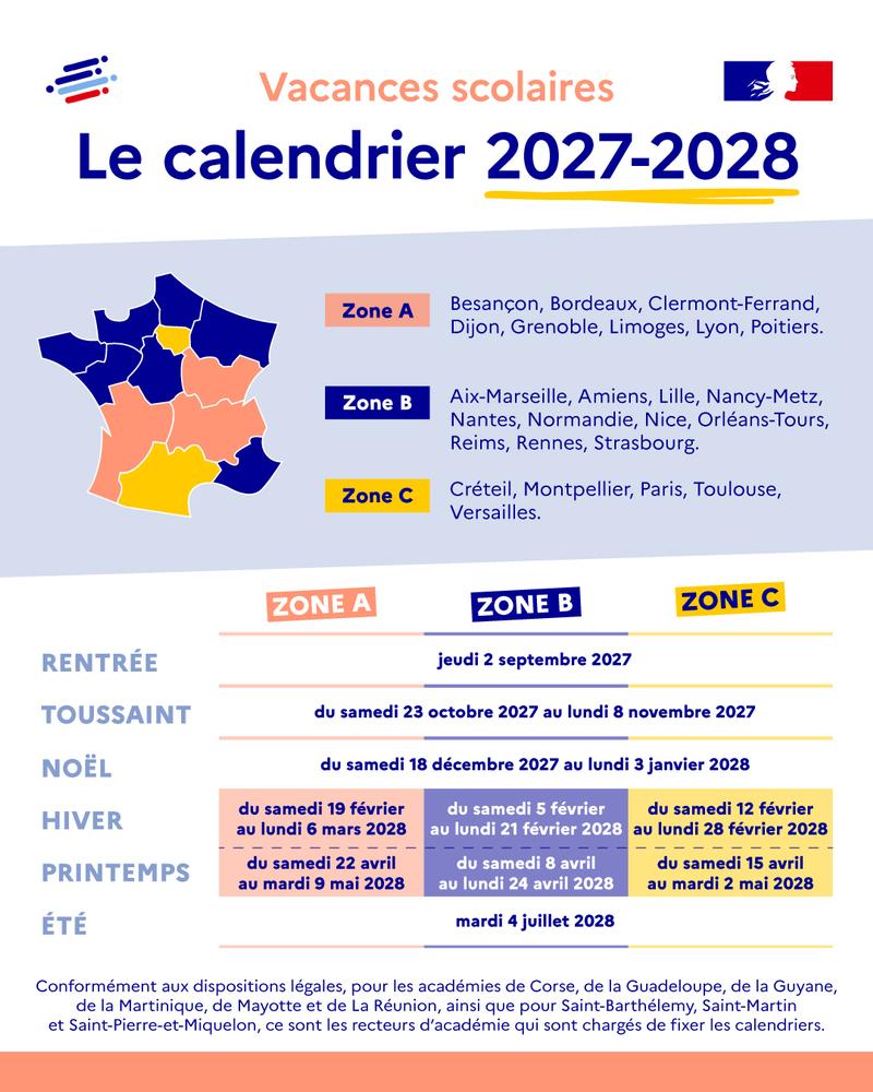 Illustration - Calendrier des vacances scolaires 2027-2028 - plus de détails dans le texte suivant l’infographie