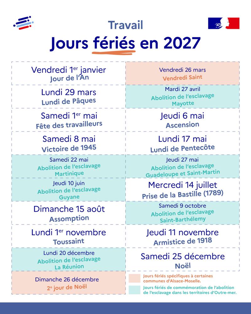 Illustration - Jours fériés en 2027 - plus de détails dans le texte suivant l’infographie